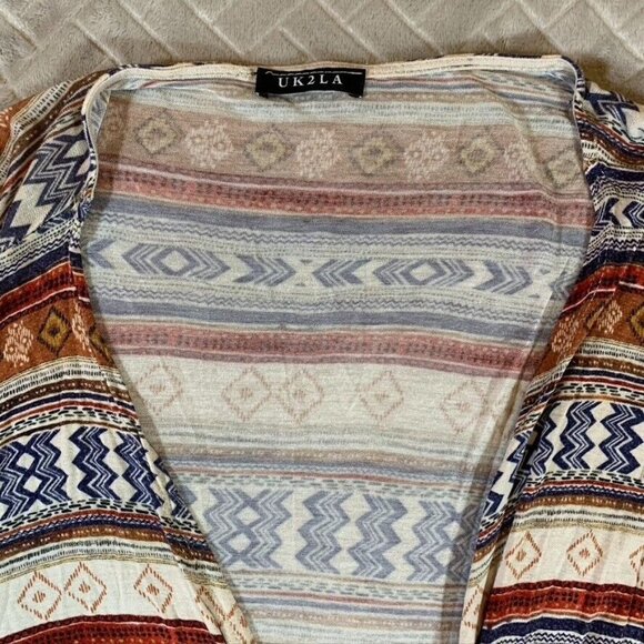 Womens Large Lightweight Cardigan Shirt Open Front Colorful Aztec Geometric - Picture 2 of 12